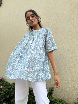 The Indian Artisan - Blue Rose Cotton Printed Top