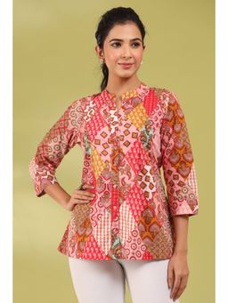 Rain & Rainbow - Women Peach and Mustard Yellow Abstract Printed Pure Cotton A-line Kurti