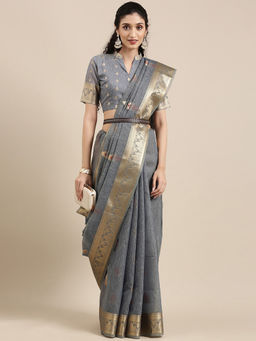 Akhilam - Grey Festive Silk Blend Woven Design Saree With Unstitched Blouse