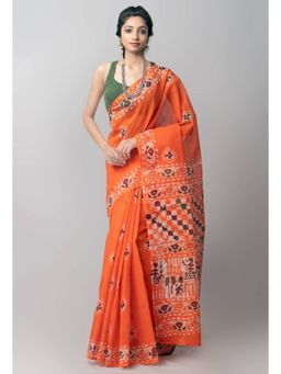 Unnati Silks - Orange Pure Batik Kota Cotton Saree with Unstitched Blouse