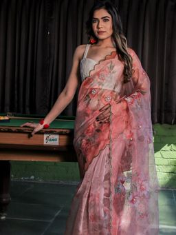 Odette - Peach Organza Floral Printed Saree with Unstitched Blouse