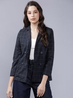 TOKYO TALKIES - Women Wo Navy Blue Checked Casual-Fit Double-Breasted Casual Blazer