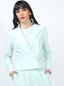 TOKYO TALKIES - Women Green Solid Single Breasted Crop Blazer