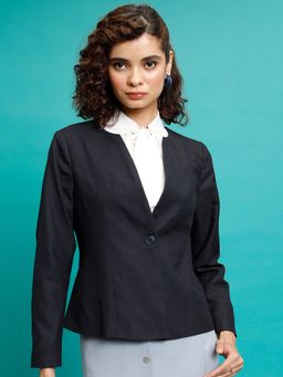 TOKYO TALKIES - Women Navy Blue Collarless Single-Breasted Blazer