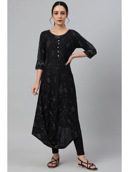 W - Black Printed A-line Kurta With Cowl Hemline