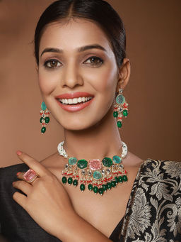 Aatmana - Green-Plated Stones-Studded and Beaded Jewellery Set