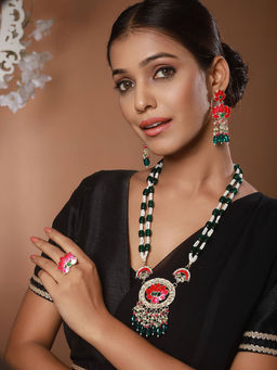 Aatmana - Green-Plated and Stone-Studded and Beaded Jewellery Set
