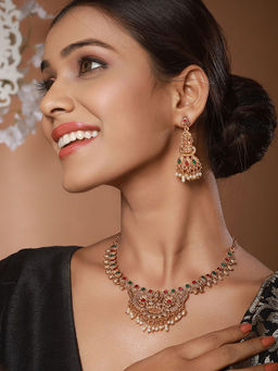 Aatmana - Jazz and Sizzle Gold-Plated Stones Studded and Beads Beaded Temple Necklace with Earrings