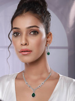 Aatmana - Silver-Plated Green American Diamond-Studded Jewellery Set