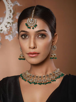 Aatmana - Gold Plated and Kundan Studded Green Jewellery Set with Maangtikka