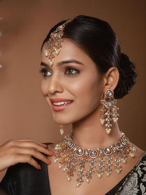 Aatmana Gold Plated Zircon Stone Studded and Pearl Beaded Jewellery Set
