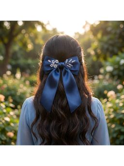 Ribbon Candy - Satin Big Bow with Crystal Flowers on Barrette Clip - Navy Blue
