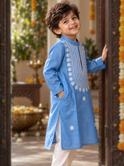 Tura Turi - Blue Resham Embroidered Cupro Silk Kurta with Pyjama