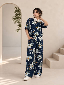 TeenTrums - Girls Navy Blue Crocus Printed Co-Ord Set
