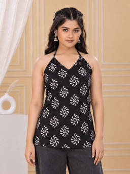 TeenTrums - Girls Black Dabu Print Sleeveless Black Short Cotton Kurti