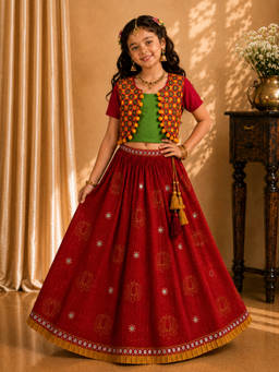 TWISHA - Red Woven Sleeveless Inner With Half Sleeves Jacket and Lehenga