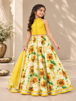 TWISHA - Yellow Woven Sleeveless Solid Top With Lehenga and Dupatta