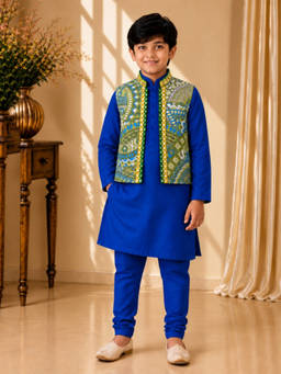 TWISHA - Blue Solid Kurta with Pyjama & Printed Jacket