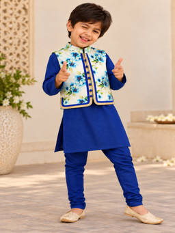 TWISHA - Blue Full Sleeve Solid Kurta with Pyjama & Printed Jacket