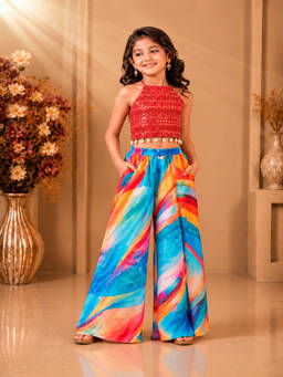 TWISHA - Red Sleeveless Embroidered With Kaudi Attached Top and Palazzo