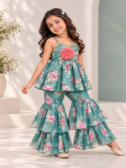 TWISHA - Blue Woven Sleeveless All Over Printed Peplum Top With Sharara