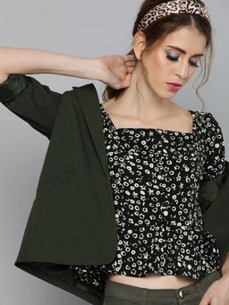 Carlton London - Women Casual Black & White Conversational Peplum Top with Smocking Detail