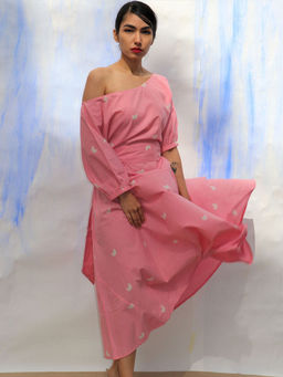 Chidiyaa - Skd Pink Handprinted Off Shoulder Pure Cotton Dress