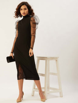 ANVI Be Yourself - Puff Sleeve Lace Slit Midi Dress Black