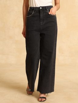 Kazo - Black Wide Leg Jeans with Rivet Detail