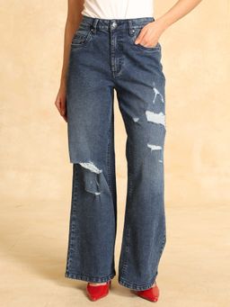Kazo - Blue Wide Leg Jeans with Rips