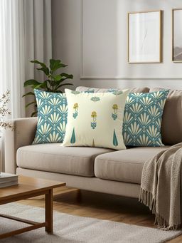 Urban Space - Printed Cotton Cushion Covers (Pack of 3) - Amaya & Orchard Blue (16 x 16 inches)