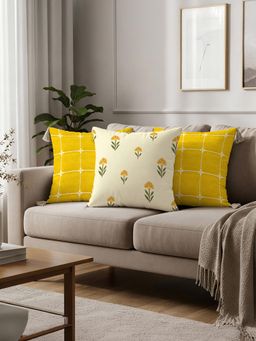 Urban Space - Printed Cotton Cushion Covers (Pack of 3) - Aura & Aster Yellow (16 x 16 inches)