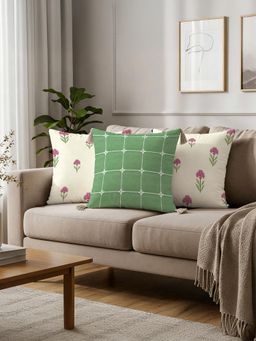 Urban Space - Printed Cotton Cushion Covers (Pack of 3) - Aster & Aura Pink Green (16 x 16 inches)
