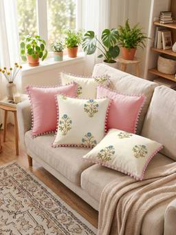 Urban Space - Metallic Foil Printed Cotton Cushion Covers (Pack of 5) Zari Blue Pink (16 x 16 inches)