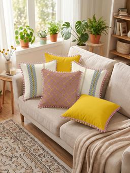 Urban Space - Metallic Foil Printed Cushion Covers (Pack of 5) Zari Pink Yellow (16 x 16 inches)