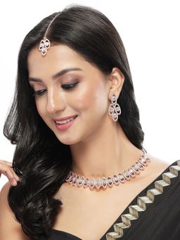 Sukkhi - Rose Gold Plated Rainbow Stones Collar Bone Necklace with Earring and Maangtika