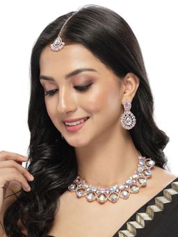 Sukkhi - Rose Gold Plated Rainbow Stones Collar Bone Necklace with Earring and Maangtika