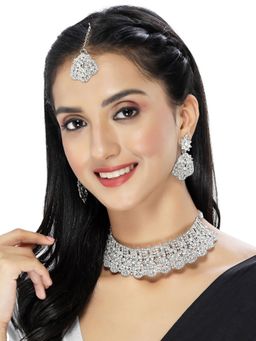 Sukkhi - Rhodium Plated AD Stones Choker Necklace with Earring and Maangtika