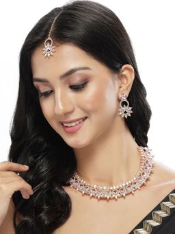 Sukkhi - Rose Gold Plated Stone Floral Collar Bone Necklace with Earring and Maangtika