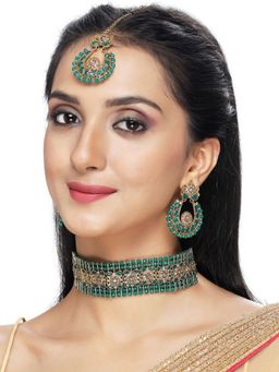 Sukkhi - Gold Plated Green Kundan & Beads Choker Necklace with Earring and Maangtika