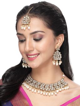 Sukkhi - Heavy Looked AD White Stones Collar Bone Necklace with Earring and Maangtika