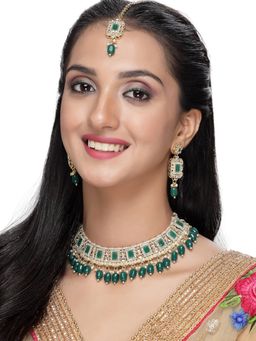 Sukkhi - Gold Plated Green Beads Collar Bone Necklace with Earring and Maangtika