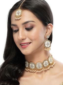 Sukkhi - Gold Toned Plated White Beads Choker Necklace with Earring Maangtika