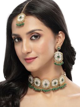 Sukkhi - Circular Gold Toned Plated Green Beads Choker Necklace with Earring & Maangtika