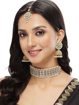 Sukkhi - Gold Plated White Kundan & Beads Choker Necklace with Jhumki Earring Maangtika