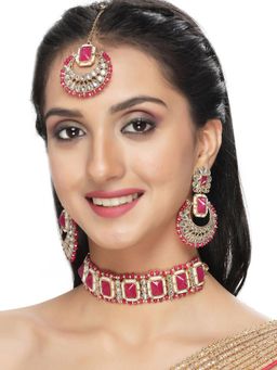 Sukkhi - Squared Style Rani Pink Kundan & Beads Choker Necklace with Earring Maangtika