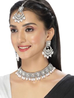 Sukkhi - Rhodium Plated Kundan Beads Choker Necklace with Earring and Maangtika