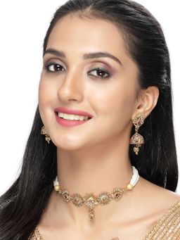 Sukkhi - Gold Plated Beads Floral Copper Choker Necklace with Jhumki Earring