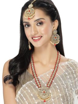 Sukkhi - Gold Plated Red Kundan Beaded Floral Long Necklace with Earring Maangtika