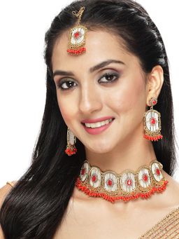 Sukkhi - Circular Gold Toned Plated Orange Beads Choker Necklace Earring Maangtika